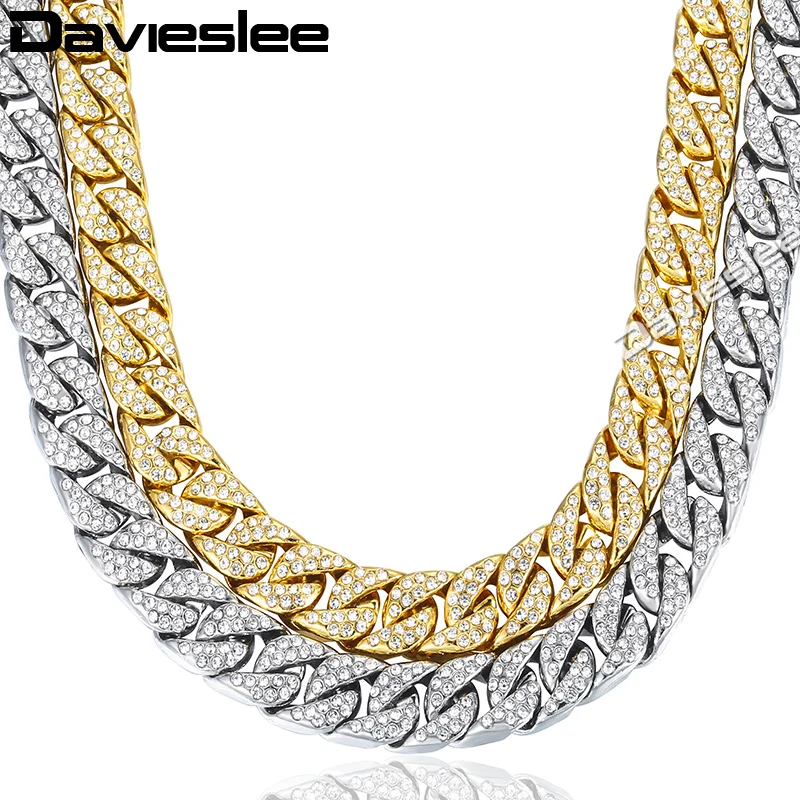 

Chain Necklace for Men Paved Rhinetones Yellow White Gold Filled Curb Cuban Link 14mm Mens Jewelry GNM123