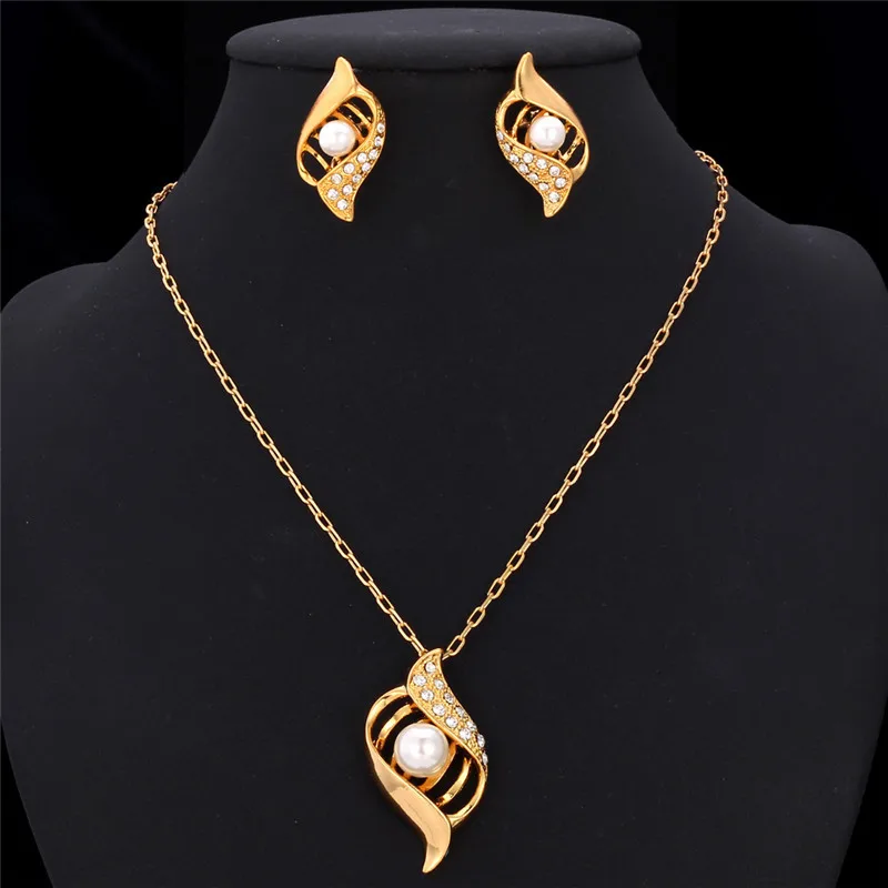 

Collare Unique Design White Simulated Pearl Earrings Necklace Sets Fashion Gold Color Rhinestone Jewelry Sets For Women S613