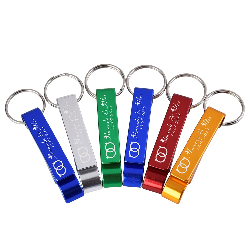 

60PCS Personalized Wedding Engraved Bottle Openers Keyrings Keychain With Organza bags Birthday Favors Party Gift