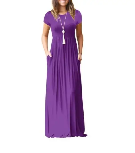 

2021 Explosion models women's new solid color dress summer short-sleeved pocket dress casual long women's dress