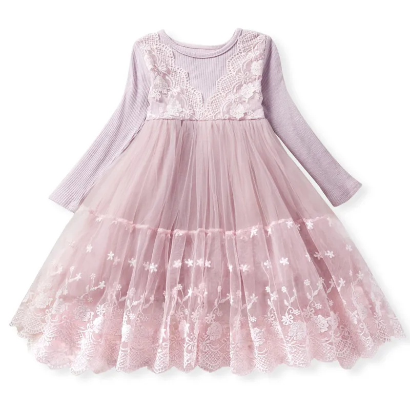 Children Clothes Girls Dress Spring 2022 Long Sleeve Lace Mesh Cotton Girl Pink Princess Ball Gown Kids 8 years old | Детская одежда и