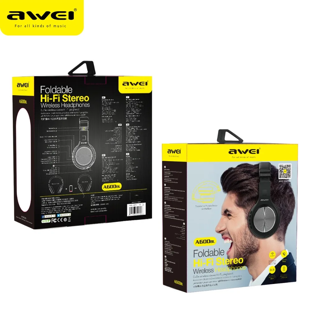 AWEI A600BL складывающиеся стерео bluetooth-наушники, Беспроводные спортивные наушники с шумоподавлением, гарнитура с микрофоном, наушники