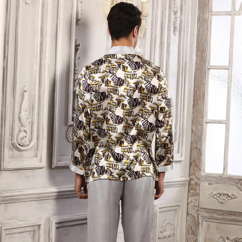 Sexy Genuine Silk Men's Pajamas 100% Silkworm Silk Sleepwear Male Fashion Printed Long-Sleeve Pyjama Pants Two-Piece Sets 51233