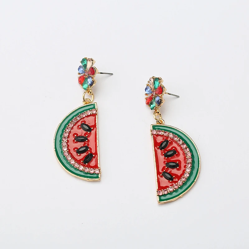 Yhpup Trendy Creative Fruit Watermelon Dangle Earrings Sweet Personality Rhinestone Earrings for Female Summer Jewelry Hot Sale