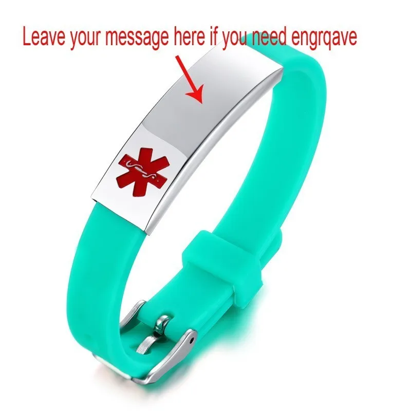 add engraving 2 Женский силиконовый браслет, резиновый, брендовый, зеленый цвет, модный, цветной, Disabetes ID, медицинский, персонализированный браслет, бренды - Окраска металла: add engraving 2