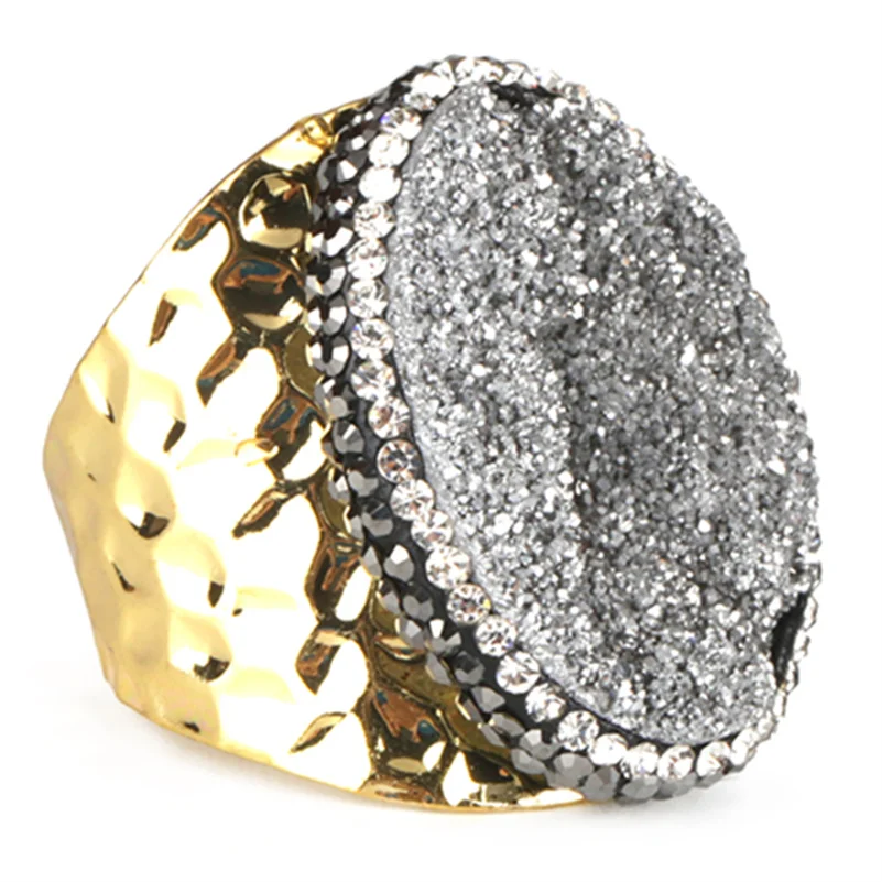 Овальная форма, грубая Серебряная расцветка, druzy drusy, полудрагоценный камень, ПАВЕ, белый, черный, стразы, чеканка, Открытое кольцо, манжета для женщин и мужчин