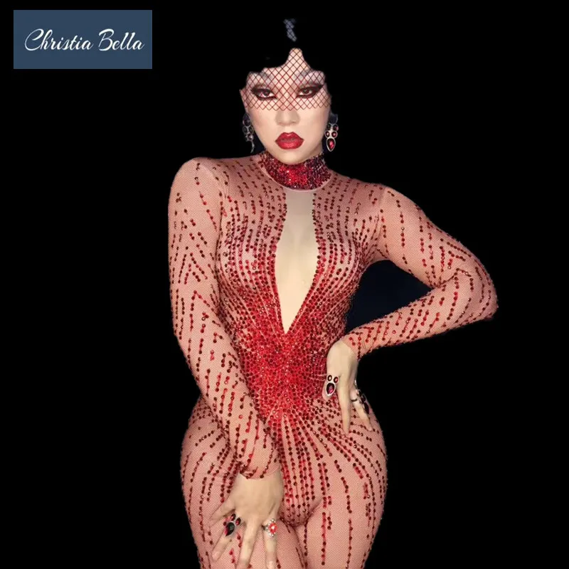 

Christia Bella Sexy Nightclub DJ DS Costumes Red Rhinestone Jumpsuit Women Crystals Rompers Party Performance Wear Singer Outfit