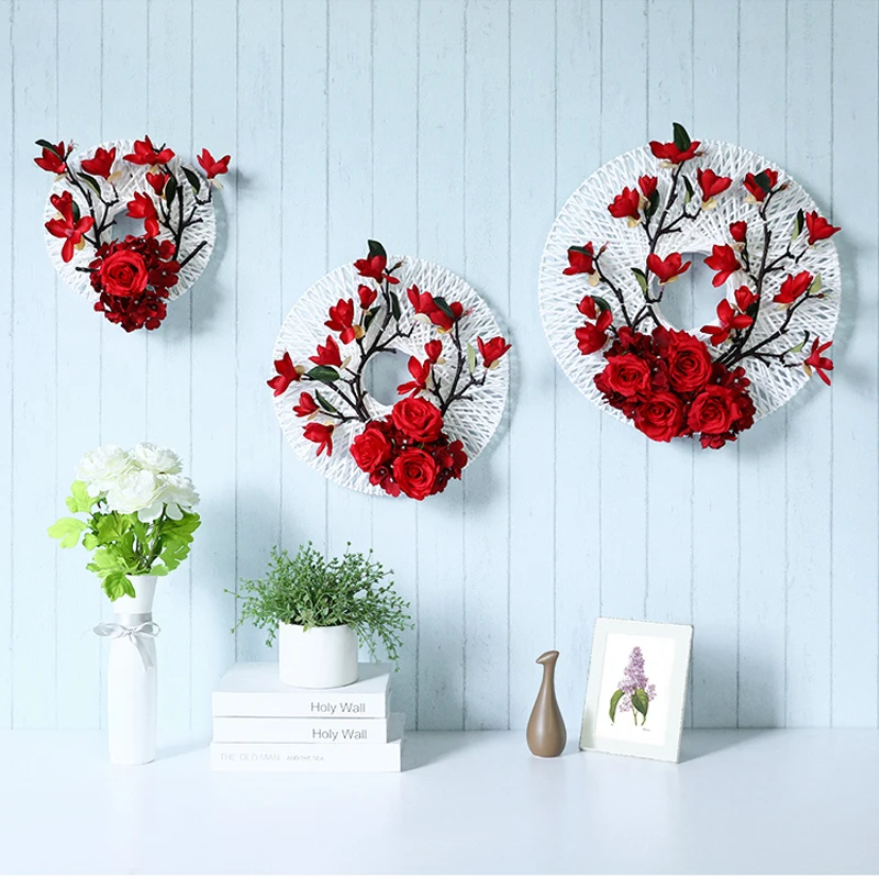 Large Round Rose Magnolia Hydrangea Artificial Combination Fake Flower Wreath for Home DIY Wedding Decor Handmade Winding Crafts | Дом и сад
