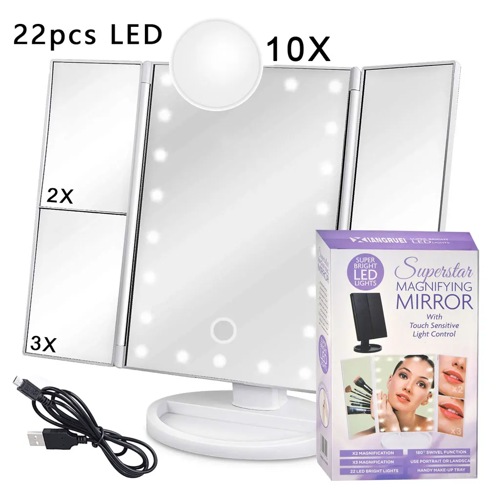Pro Mirror White 22 светодиодный светильник с сенсорным экраном, зеркальная лампа для макияжа 2X, 3X, 10X, лупа, USB или батареи, карманная ручная косметичка, мини стекло с коробкой Zeasky - Цвет: Pro Mirror White