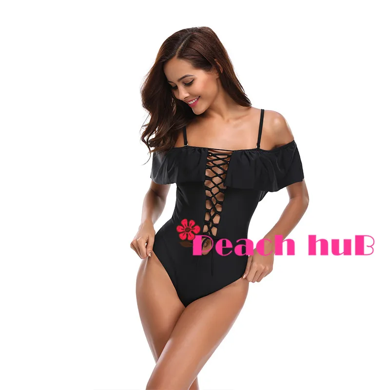 One Piece Swimwear Black Swimsuit Ruffle Sleeve Off Shouder Push Up Women Trikini Swim Suit Bandage | Спорт и развлечения