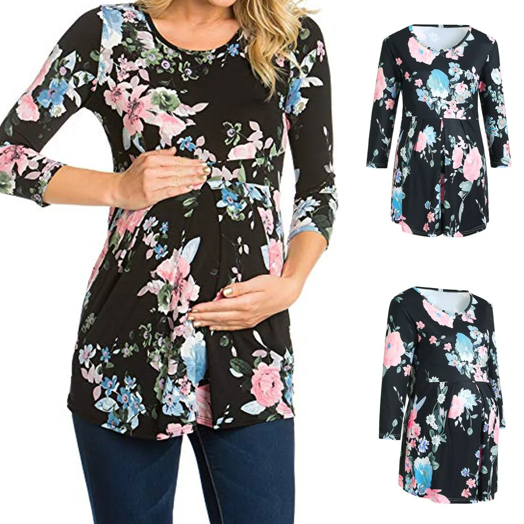 Одежда для беременных женщин Футболка с рюшами и цветочным рисунком Топ кормящих