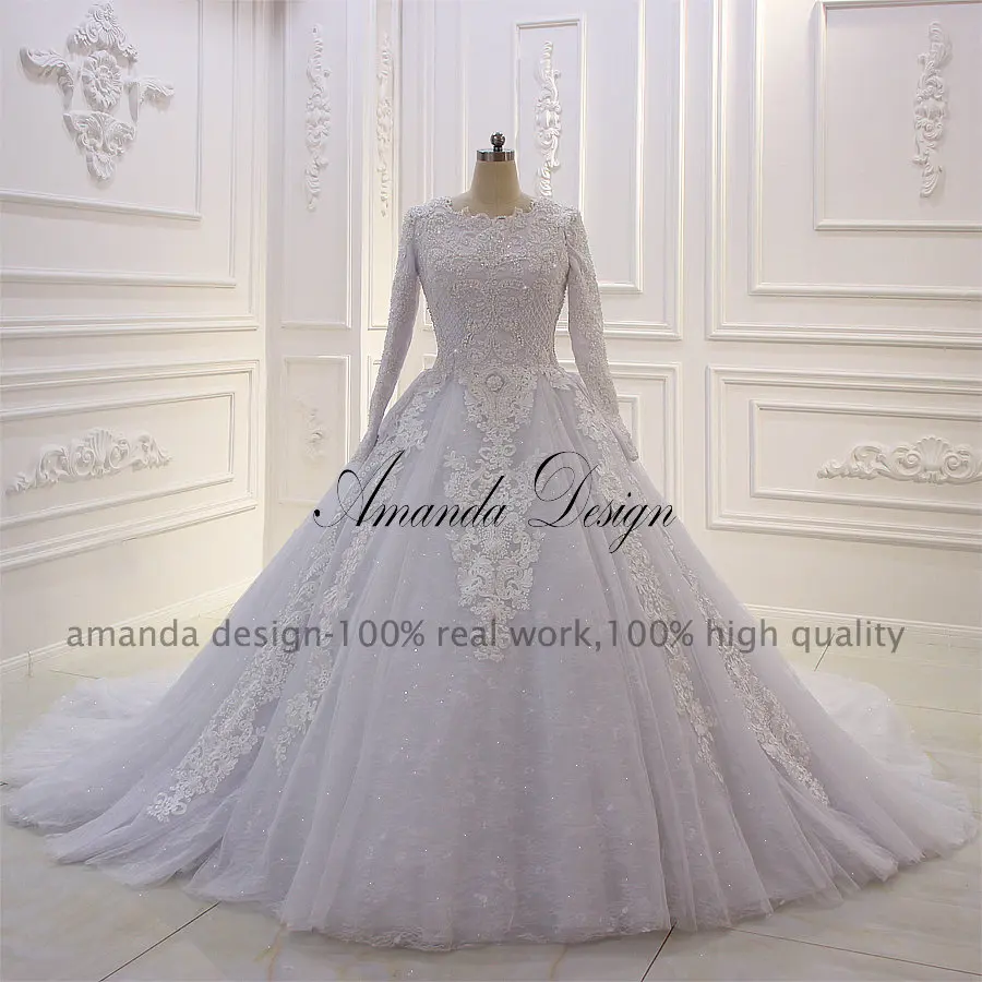 Аманда дизайн robe de mariee courte с длинным рукавом жемчуг мусульманское свадебное платье
