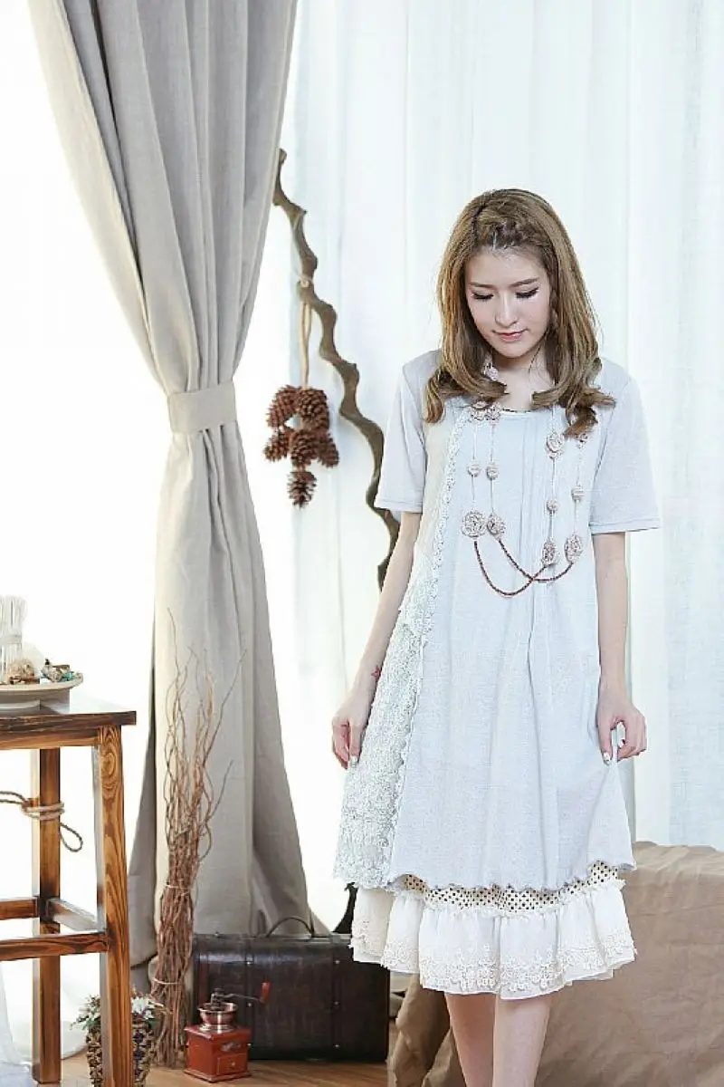 2018 летнее прямое кружевное лоскутное платье с круглым вырезом в стиле Харадзюку