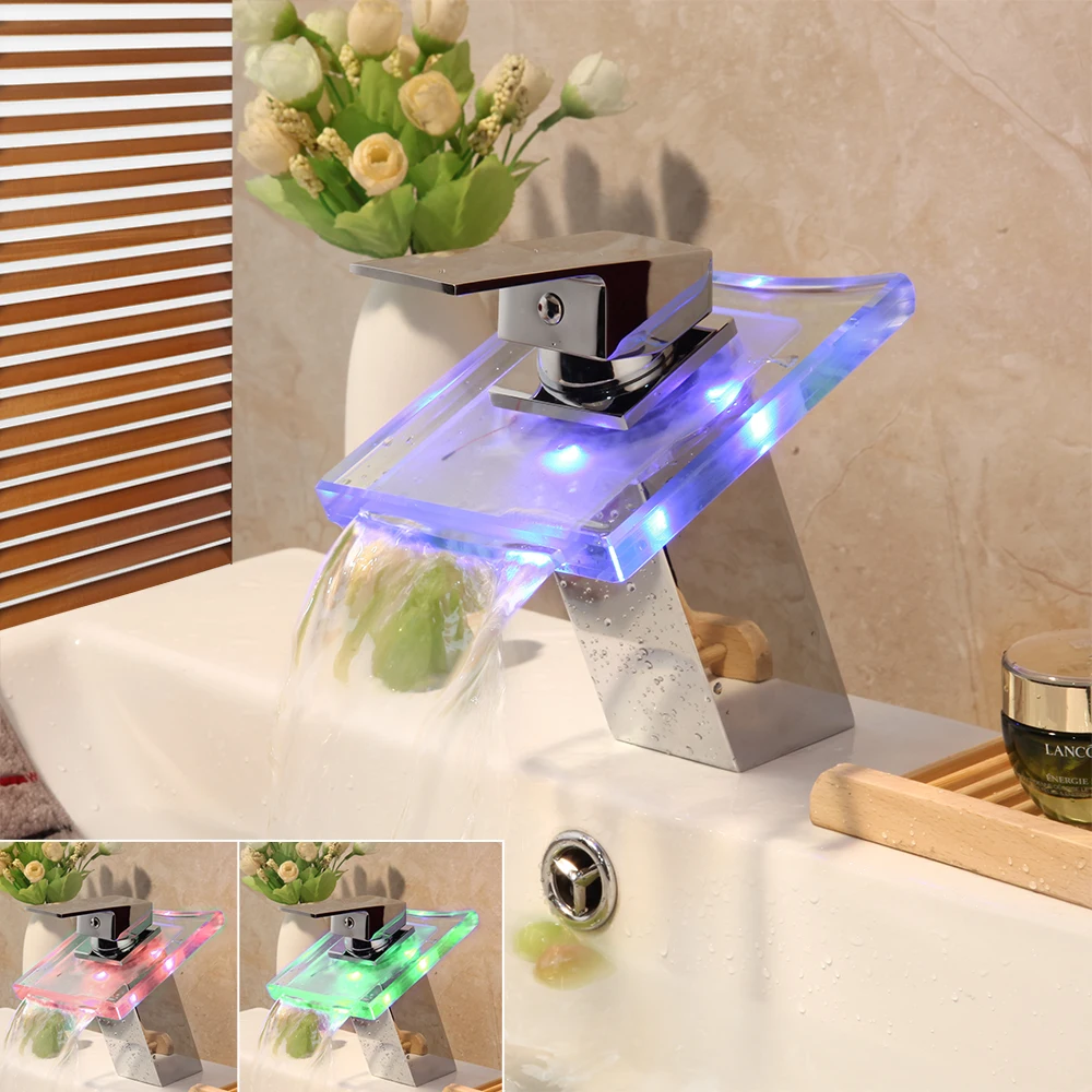 Ванная комната Водопад LED кран латунь батарея мощность Большой Носик смеситель