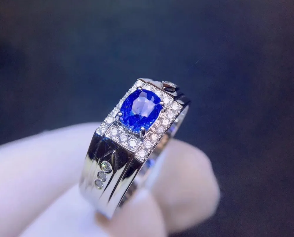 Ювелирные изделия из чистого 18 K Белый Золотой настоящие натуральные васильковые синие сапфировые 1ct драгоценные камни Бриллианты мужские кольца для мужчин тонкое кольцо