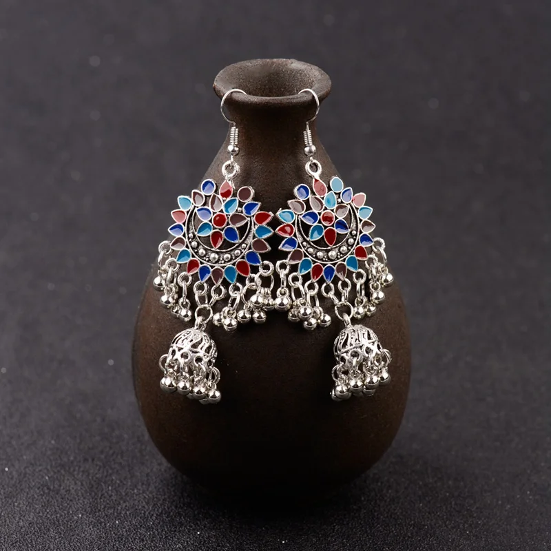 2020 индийские цыганские синие серьги Jhumka с цветком для женщин античные серебряные