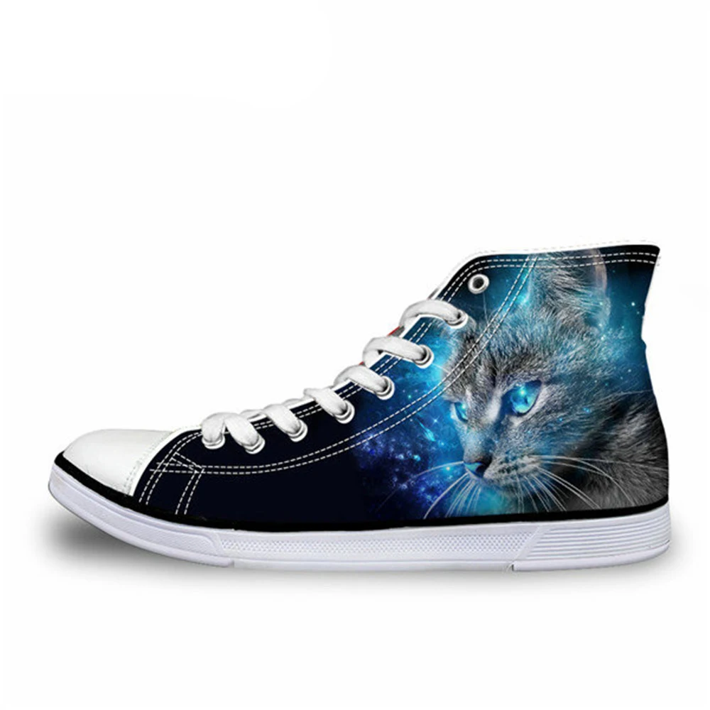 NOISYDESIGNS Fashion 3D Animal Black Cat Shoes Women High Top Canvas Casual Woman Lace-up Vulcanize Female Flat Shoe | Обувь