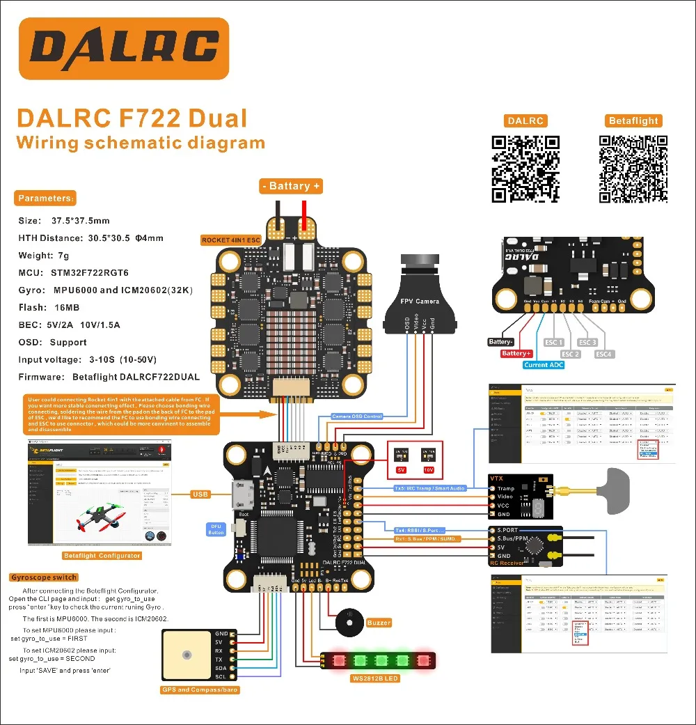 DALRC F722+ 50A ракета 4 в 1 ESC двойной STM32F722RGT6 Контроллер полета Встроенный OSD BEC 5 в 12A F7 MCU6000 и ICM20602 VS F4