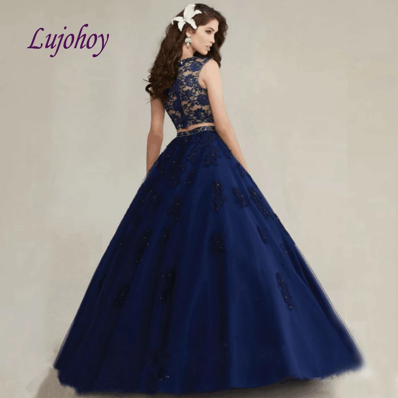 

Navy Blue Lace Quinceanera Dresses Ball Gown Two 2 Piece Tulle Plus Size 15 year old Sixteen Sweet 16 Dress Prom Dress debutante