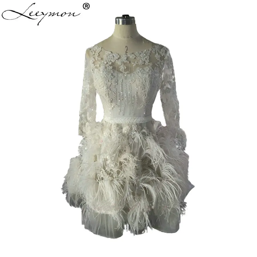 Фабрика роскошные Перья короткие свадебные платья 2017 кружево Аппликация aequine