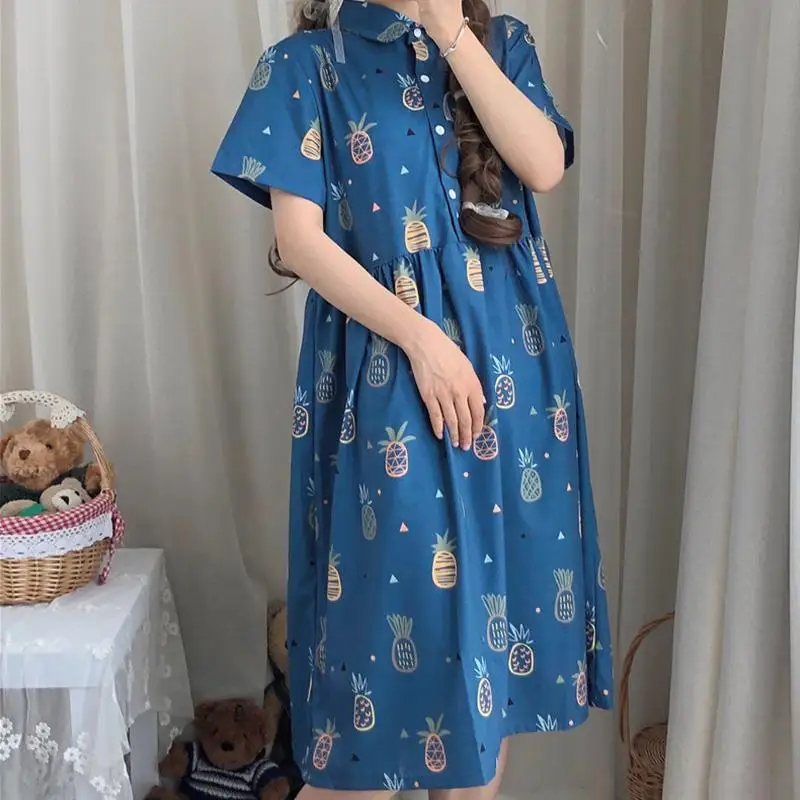 Летнее женское платье с принтом ананаса короткий рукав отложной воротник