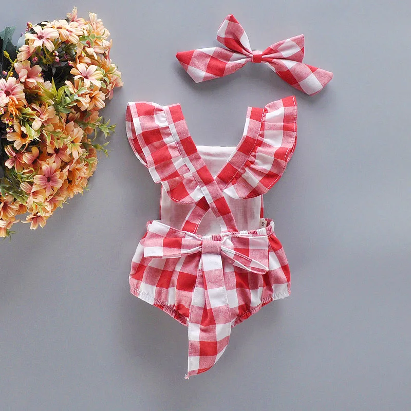 LILIGIRL Newborn Backless Jumpsuit Infant Clothes Baby Girl Romper Cotton Red Plaid Triangle Headband 2pcs Set | Мать и ребенок
