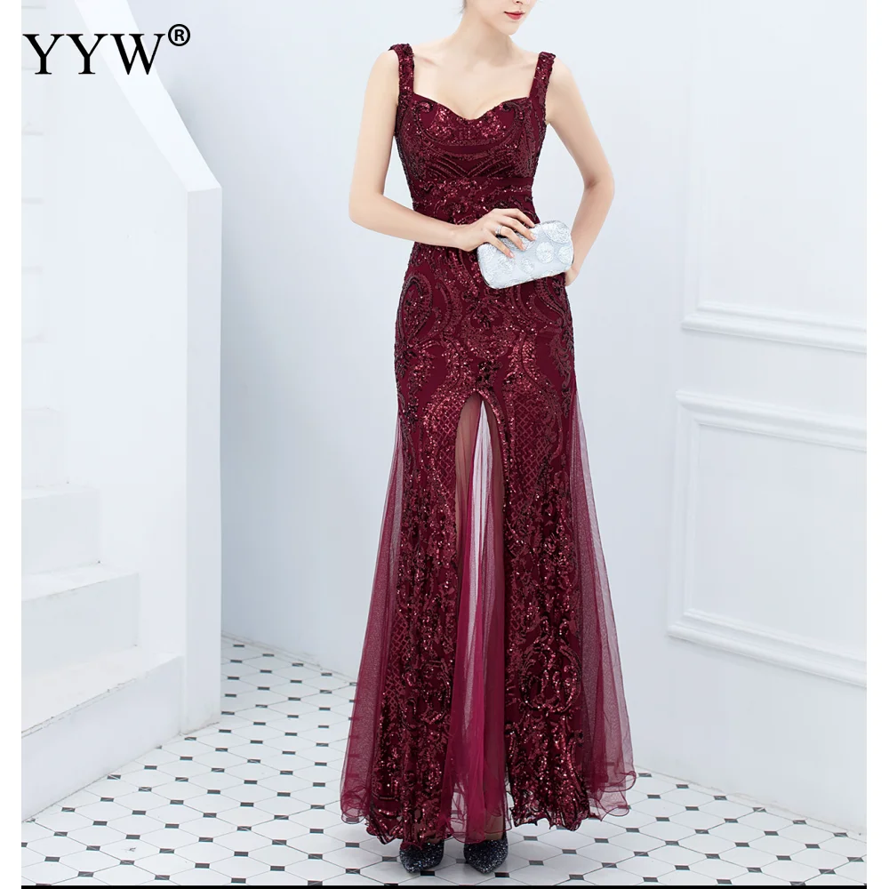 claret Green Sequined Summer Long Party Dress Spaghetti Strap Sexy Evening Gowns Women Sequin Mesh Patchwork Elegant Club Dresses - Цвет: claret