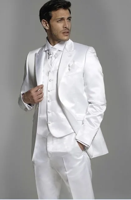 

Brand New Mens Suits Groomsmen Peak Lapel Groom Tuxedos Shiny White Strips Wedding Best Man Suit (Jacket+Pants+Tie+Vest) A78