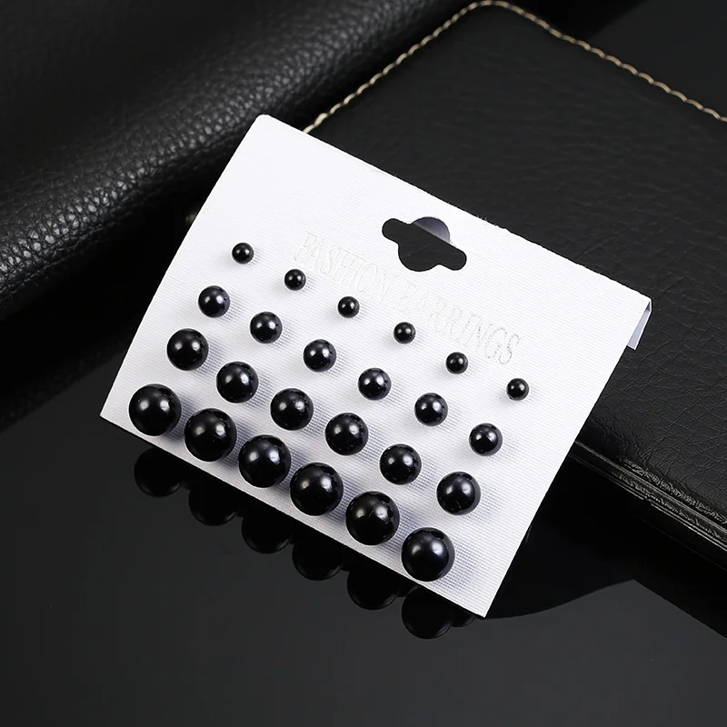 ez131black 12 пар/компл. Имитация жемчужные серьги-гвоздики Комплект сережек для женщин черно-белый цвет модные подарочный набор украшений для ушей для подруги Brincos - Окраска металла: ez131black