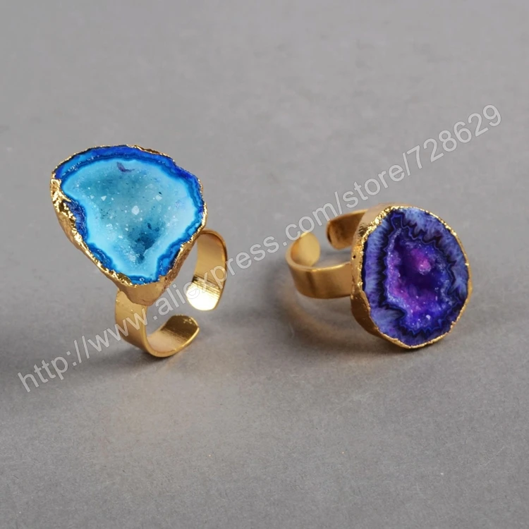 BOROSA 5pcs Dyed Colors Natural Agates Druzy Geode Ring Freeform Cave Small Drusy Gold Band Rings Gems Jewelry G0140 | Украшения и
