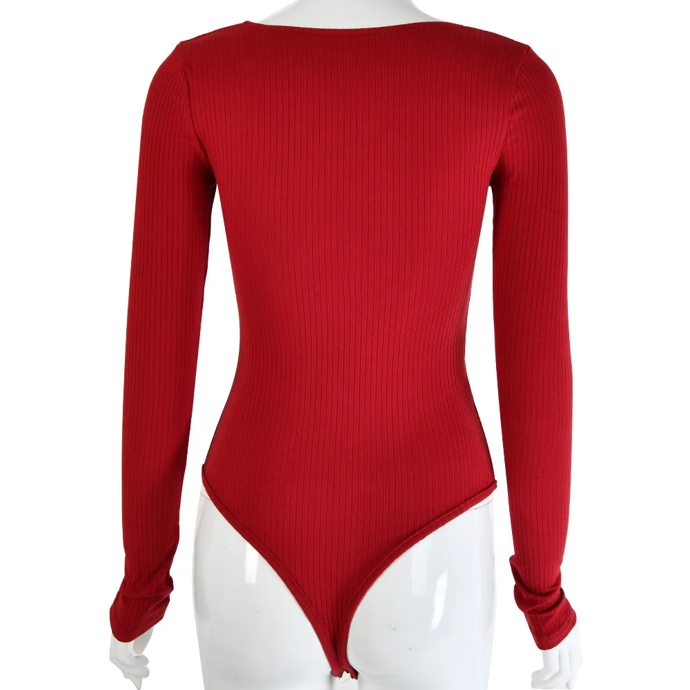 

Sexy Rib Solid Strapless V Neck Full Sleeve Women Club Bodysuit