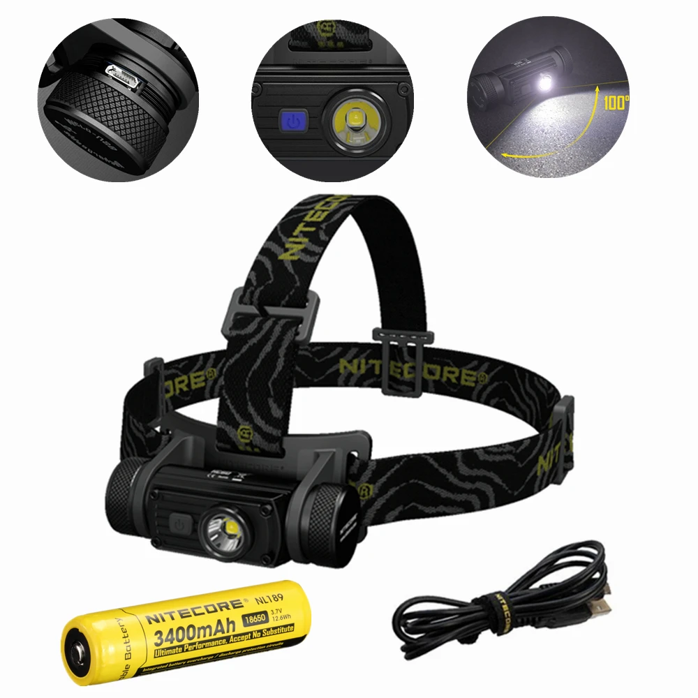 

Налобный фонарь NITECORE HC60W, теплый белый Cree XM-L2 U2, макс. 117 лм, дальность луча 18650 м, налобный фонарь + аккумулятор 3400 мАч + кабель