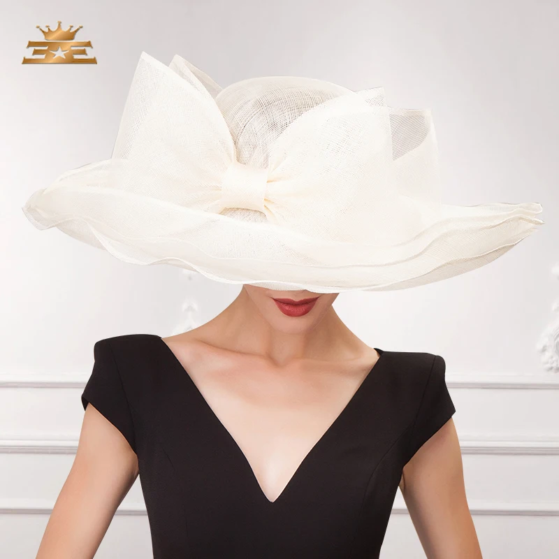Elegant Black Beige White Linen Wedding Hats Ladies Bowknot Large Wide Brim Chapeau Fedora Sinamay Womens Kentucky Derby Hat