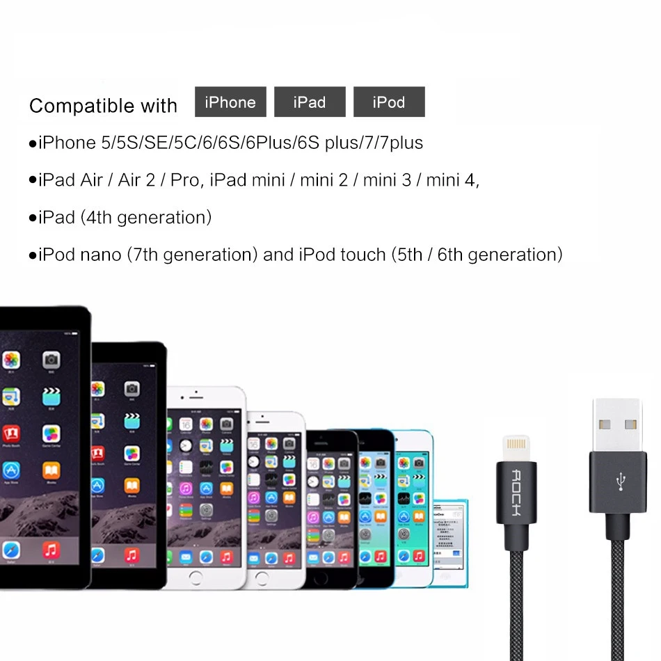 ROCK MFi кабель USB для iPhone 8X7 6S Plus iPad металлическая нейлоновая оплетка 2 4 A быстрая