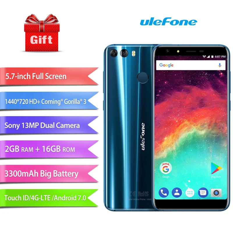 Ulefone MIX 2 4G мобильный телефон 5.7 &quotHD +19:8 Экран MTK6737H 4 ядра android 7.0 ГБ RAM + 16 ROM сканер