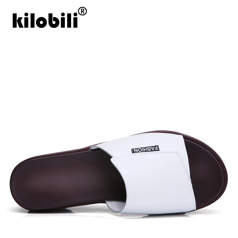 Kilobili/2019 г. летние женские шлепанцы обувь из натуральной кожи на среднем каблуке