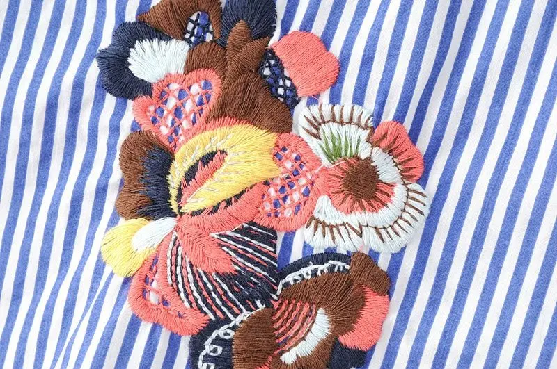 Синий Полосатый Цветок Вышивка Рубашка Женщины Нагрудные с длинным рукавом