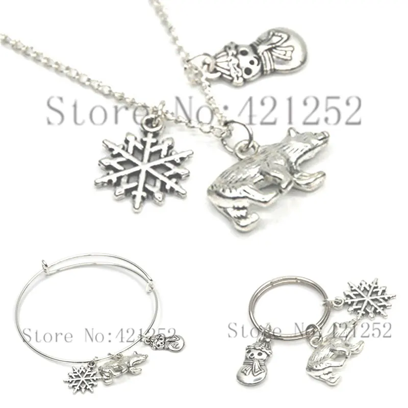 

12pcs Christmas necklace keyring bracelet, Bear necklace Bracelet Snowflake Bangles Charm Snowman Winter Bracelet keyring