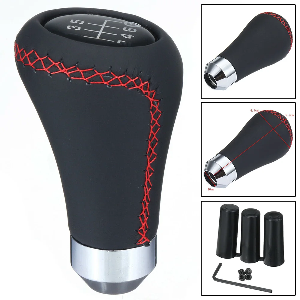 Universal 6 Speed Car Gear Shift Knob Manual Shifter Lever Stick Red Black Stitche Genuine PU Leather for Car Interior Parts