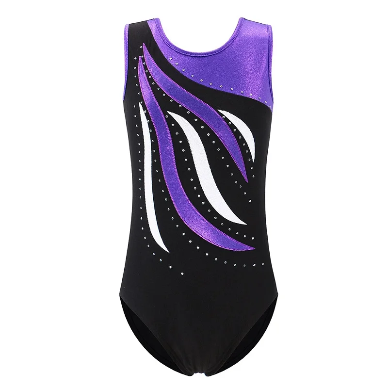 black purple BAOHULU От 3 до 14 лет девочек; трико для гимнастики; балета; подростков; без рукавов; стразы; Лоскутные трико; детская Одежда для танцев - Цвет: black purple
