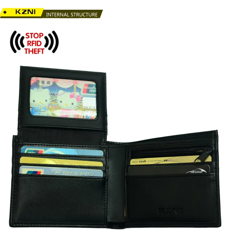 KZNI кожаный держатель для карт кошелек на молнии с Rfid Блокировка карбоновый кошелек Id Окно мужской клатч Карманный портфель мужской 005