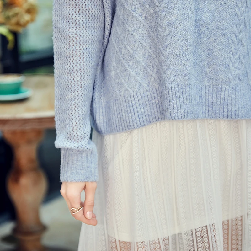 ARTKA 2018 Autumn and Winter New Women Solid Light Blue Hollow Pullovers Loose Long Sleeve O-neck Knitted Sweater YB10989Q | Женская