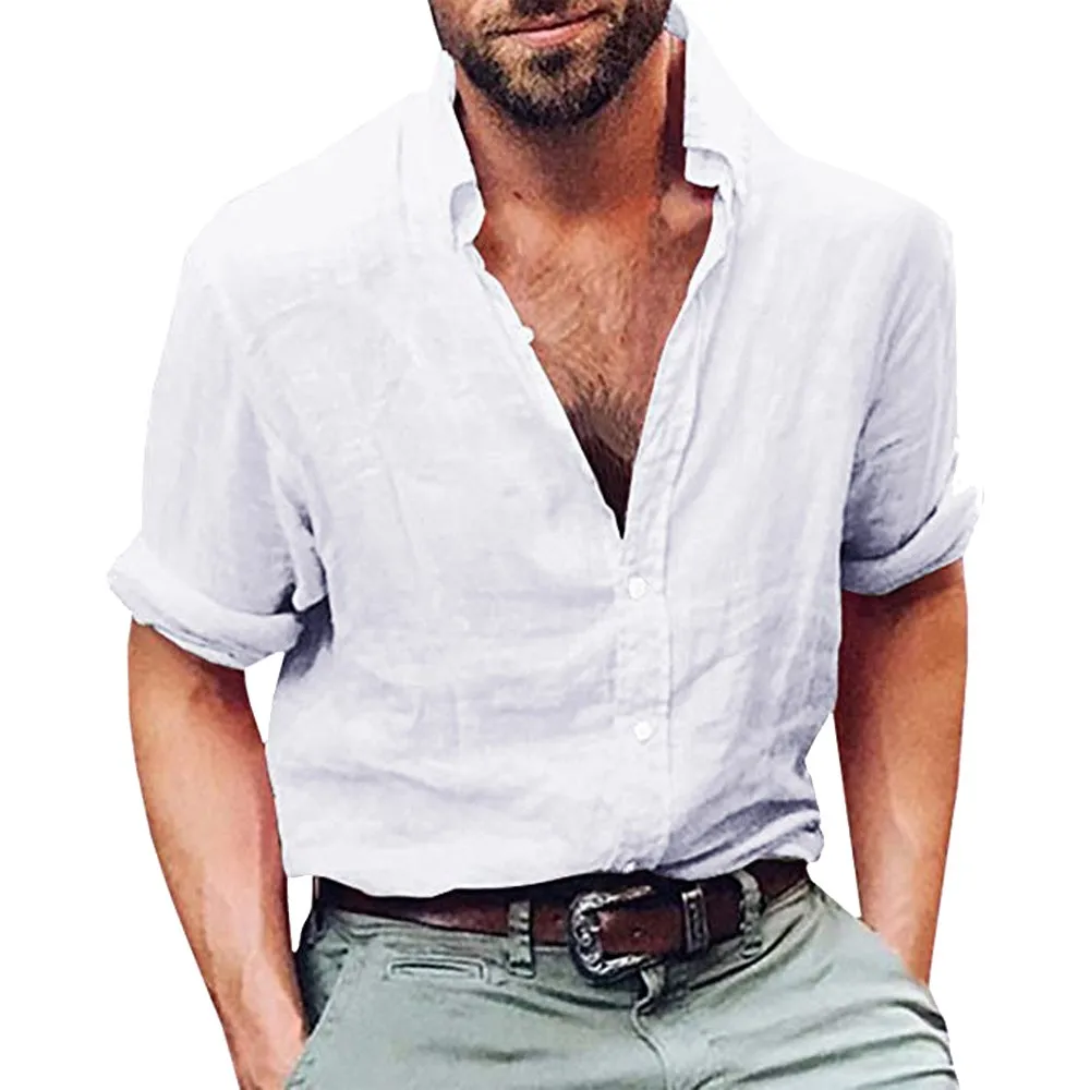 White Новинка, Camisas Masculina, лето, мужская повседневная Однотонная рубашка с длинным рукавом, хлопок, лен, для пляжа, свободный крой, топы, белые рубашки, мужские блузки - Цвет: White