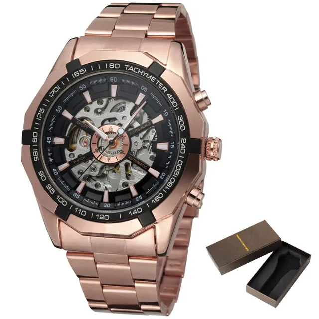 rose gold black box FORSINING Брендовые мужские автоматические часы роскошные механические часы с скелетом мужские золотые часы из нержавеющей стали Relogios Masculino - Цвет: rose gold black box