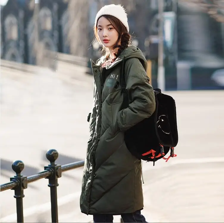 army green INMAN, с капюшоном, с принтом, для досуга, для девушек, для девушек, зимнее, длинное, на утином пуху, кожаное, теплое пальто, для женщин, куртки, модное пальто - Цвет: army green