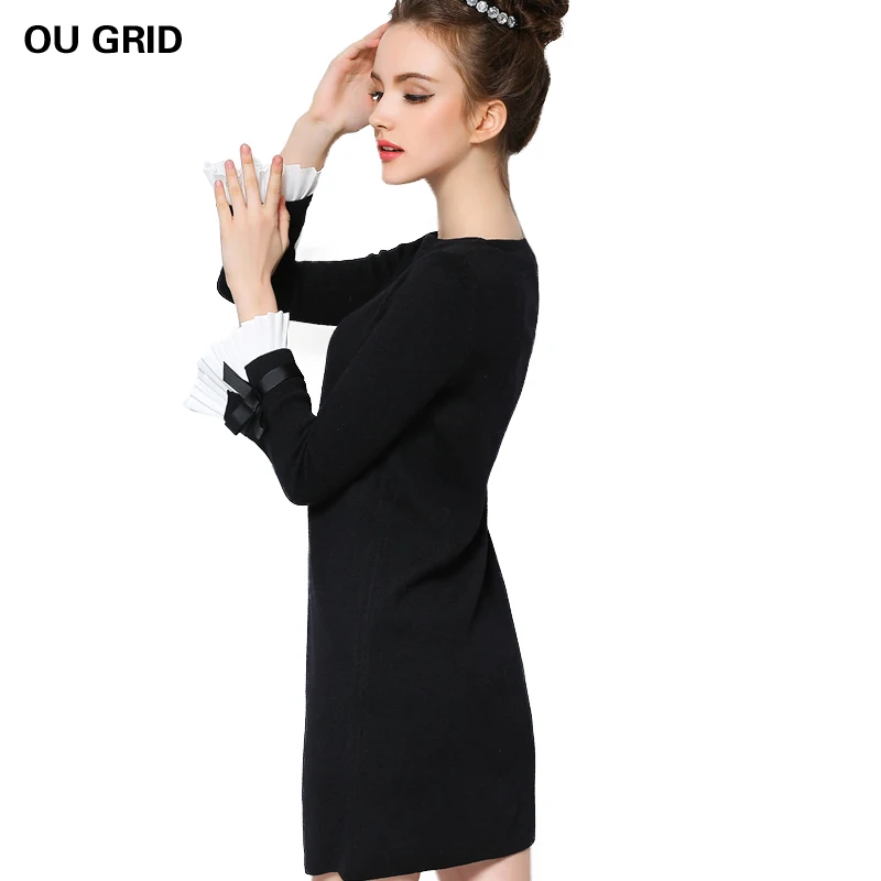 Свитер платье 2015 новинка Весеннее и осеннее черное Размер L-5XL женская одежда Vestidos