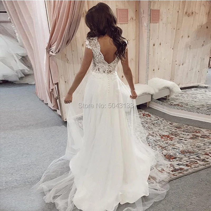 Elegant A Line V Neck Lace Wedding Dresses 2021 Sexy Romantic Floor Length Gowns for Brides Formal Free Shipping | Свадьбы и