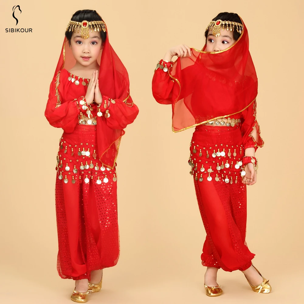 

Bollywood Belly Dance Costume Set For Kids Egypt Egyptian Oriental Indian Belly Dance Suit For Girls Dress 120D Chiffon Top Pant