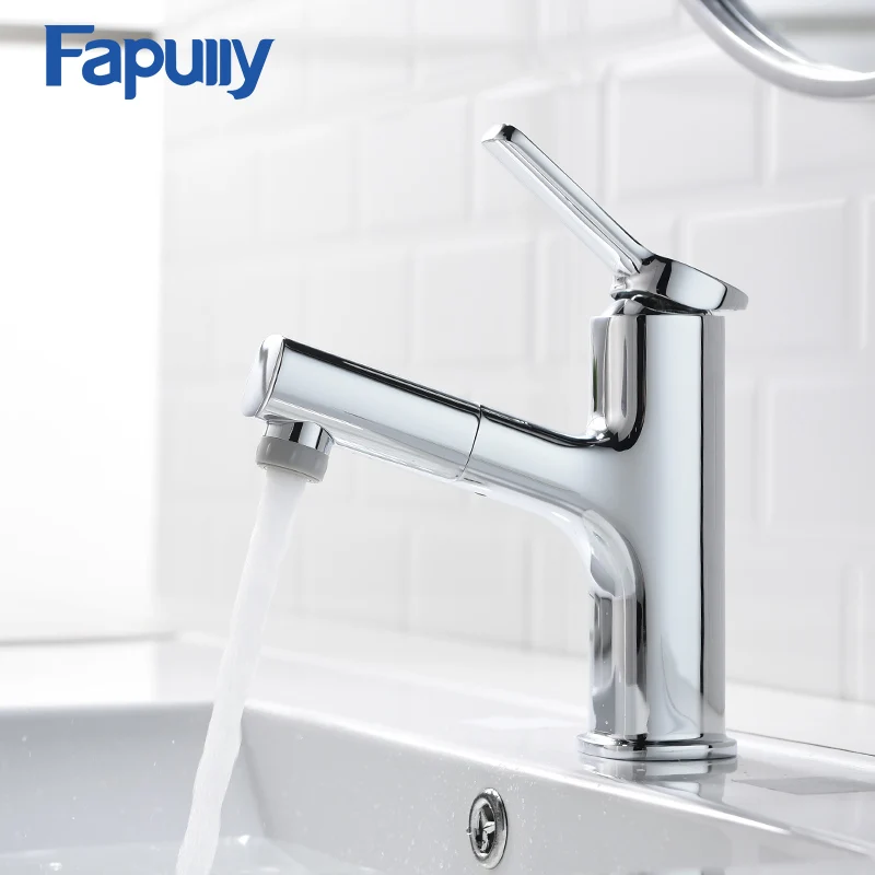 Выдвижной смеситель для раковины Fapully с хромированной отделкой в ванную комнату