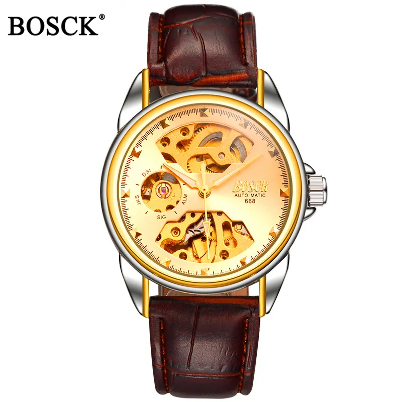 Leather gold Бренд Bosck, роскошные механические мужские часы, автоматические золотые мужские часы со скелетом, водонепроницаемые часы с автоматическим заводом из нержавеющей стали, Hombre - Цвет: Leather gold